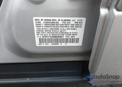 2008 Honda Pilot Se z USA, uszkodzony, nr VIN 5FNYF18388B030057